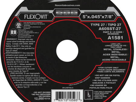 FLEXOVIT # F1581, 5  x .045  x 7 8 , Type 27 Cutoff Wheel on Sale